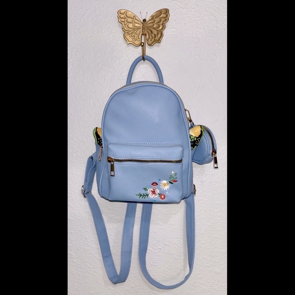 Blue Mini Backpack with Floral Embroidery
